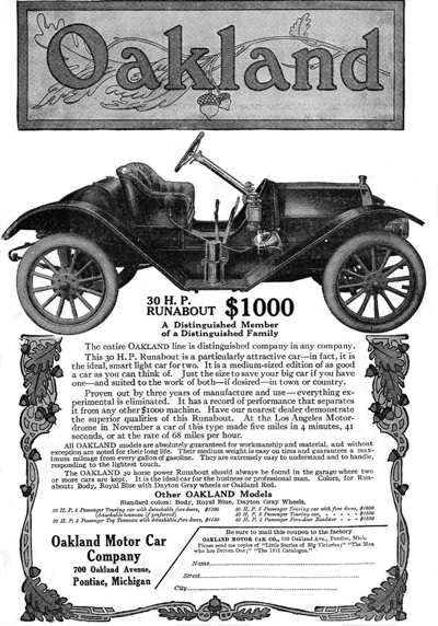 1911 Oakland Ad, “30 H.P. Runabout $1000”
