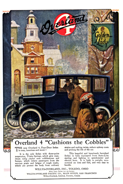 1920 Overland Sedan Ad “Overland 4 ‘Cushions the Cobbles’ “