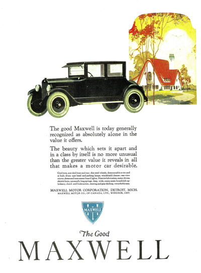 1923 Maxwell Club Coupe Ad "The good Maxwell is today generally recognized...."