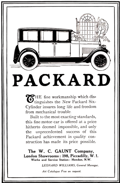 1923 Packard Six Ad (U.K.) “The workmanship which distinguishes”