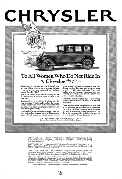 1926 Chrysler “70” Roadster Ad “Men and women who know”