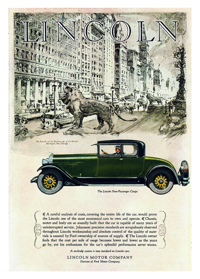 1927 Lincoln 4-Passenger Coupe Ad "A careful analysis of costs . . ."