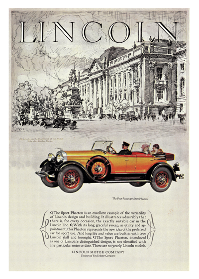 1927 Lincoln 4 Passenger Sport Phaeton Ad "The Sport Phaeton is an excellent example . . ."