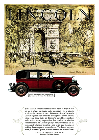 1927 Lincoln 4 Passenger 2 Window Berline Ad "The Lincoln owner never feels called upon to explain . . ."