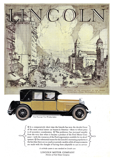 1927 Lincoln 4 Passenger 2 Window Sedan Ad "In a comparatively short time the Lincoln has won . . ."