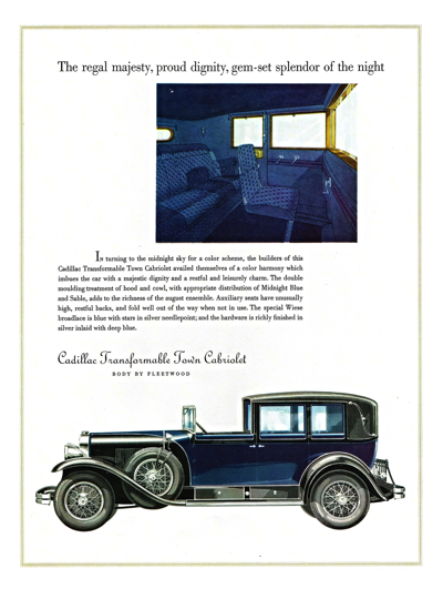 1928 Cadillac Transformable Town Cabriolet Ad “Real majesty, proud dignity “