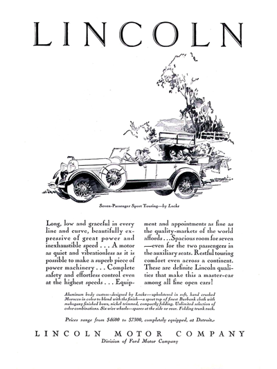 1928 Lincoln 7 Passenger Sport Touring Print Ad "Long, low and graceful . . ."