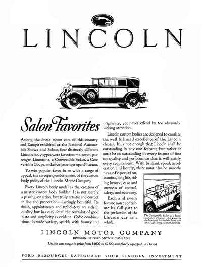 1928 Lincoln Ad "Salon Favorites"