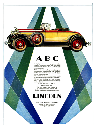 1928 Lincoln Roadster Print Ad from the U.K