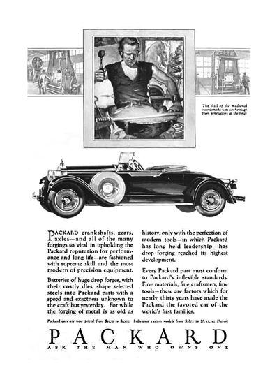 1928 Packard Eight 2-4 Passenger Runabout Ad “Packard crankshafts, gears, axles . . .”