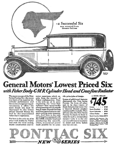 1928 Pontiac newspaper Ad “General Motors’ lowest priced six . . .”