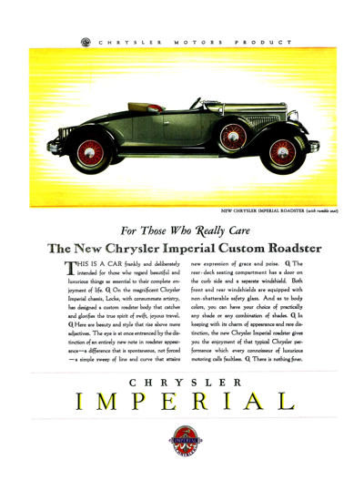 1929 Chrysler Imperial custom roadster Ad “For those who really care…”