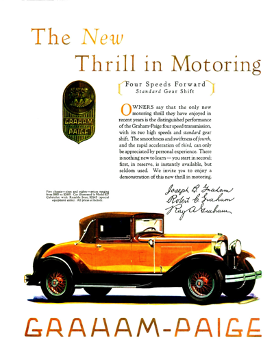 1929 Graham Paige Model 827 Cabriolet Ad "The new thrill in motoring"