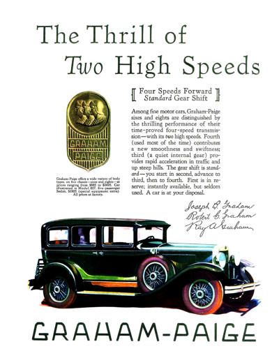 1929 Graham Paige Model 827 Sedan Ad "The thrill of two high speeds"