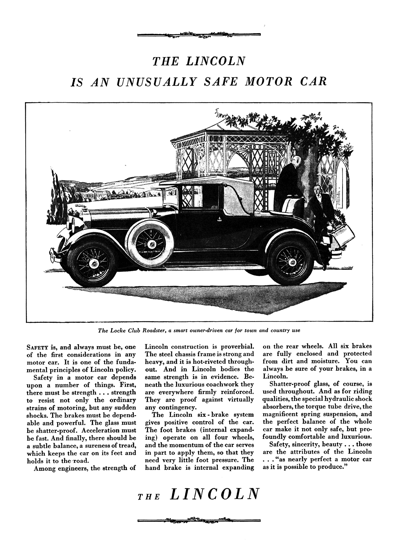 1929 Lincoln Ad "The Lincoln is an unusually safe motor car"