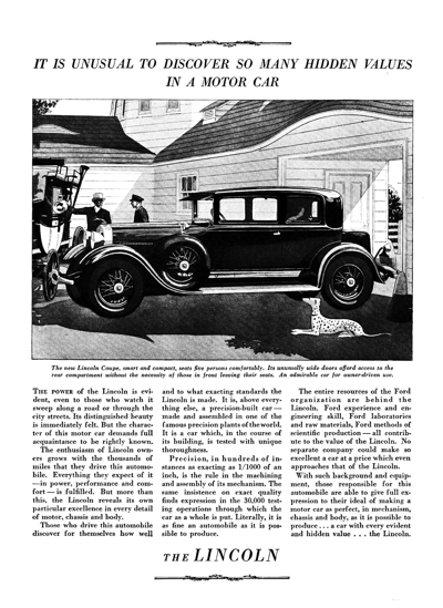 1929 Lincoln Ad "It is unusual to discover so many hidden values in a motor car"