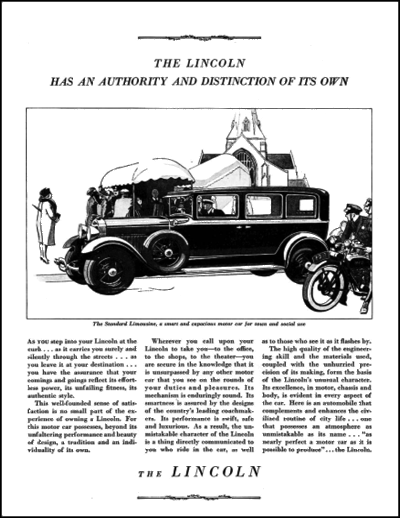 1929 Lincoln Ad "The Lincoln has an authority"