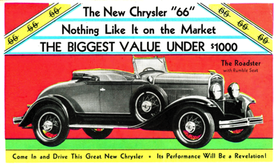 1930 Chrysler 66 Roadster post card “Nothing like it on the market”