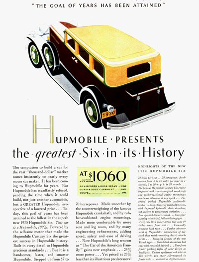 1930 Hupmobile Six Sedan Ad "Hupmobile presents the greatest six in its history"
