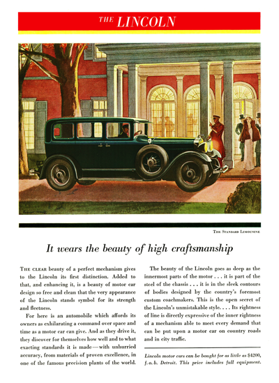 1930 Lincoln Model L Ad "It wears the beauty of high craftsmanship"