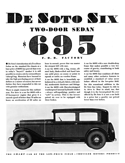 1931 DeSoto Six Ad "DeSoto Six Two-Door Sedan $695"