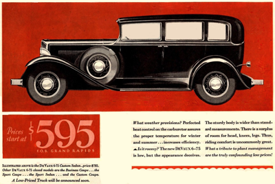 1931 DeVaux 6-76 Custom Sedan ad #2 "What weather provisions? "