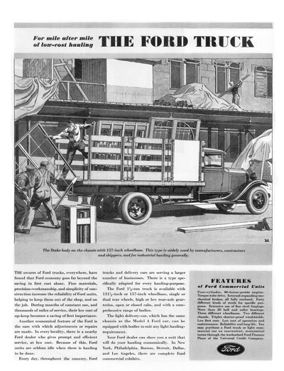 1931 Ford Stake truck Ad “For mile after mile of low-cost hauling”