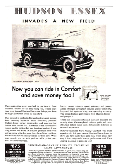 1931 Hudson Sedan Ad “Now you can ride in comfort and save money too!”