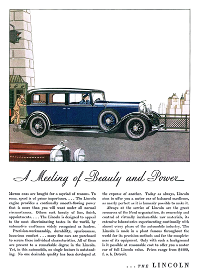 1931 Lincoln Model K Ad "A meeting of beauty and power"