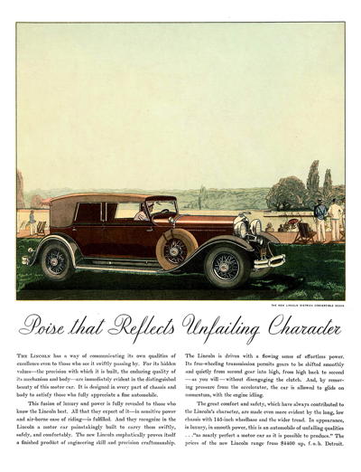 1931 Lincoln Model K Ad "Poise that reflects unfailing character."