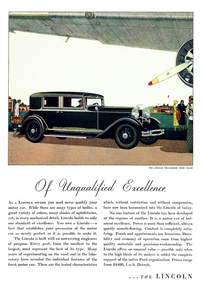 1931 Lincoln Model K Ad "Of Unqualified Excellence"