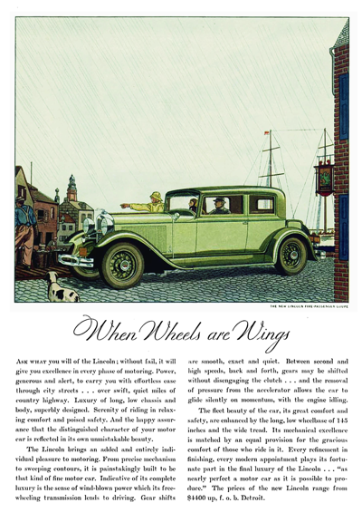 1931 Lincoln Model K Ad "When wheels are wings."