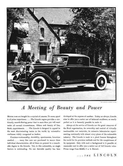1931 Lincoln Model K Ad "A meeting of beauty and power."
