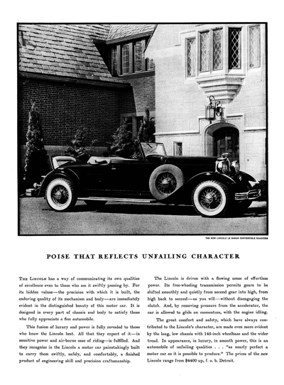 1931 Lincoln Model K Print Ad "Poise that reflects unfailing character."