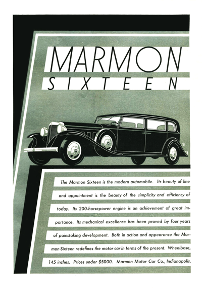 1931 Marmon Sixteen Limousine Ad “In design and engineering, the worlds….”