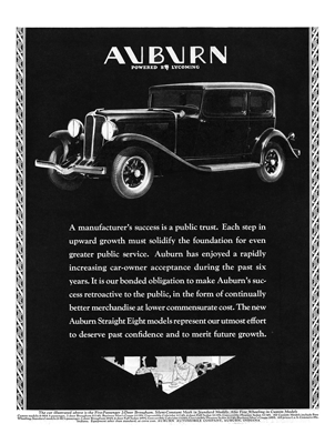 1931 Auburn Ad “A manufacturer’s success is a public trust”