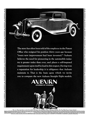 1931 Auburn Ad “The story has often been told of the employee in the Patent Office . . .”