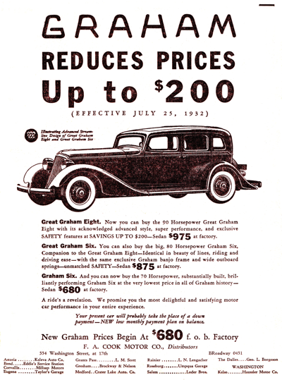 1932 Graham Blue Streak Ad "Graham reduces prices up to $200"