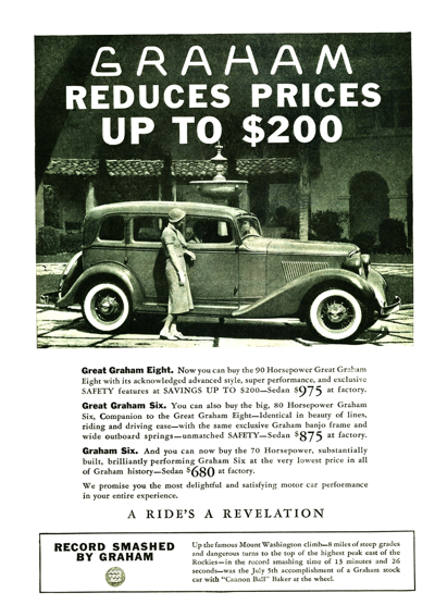 1932 Graham Eight Sedan Ad "Graham reduces prices up to $200"