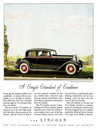 1932 Lincoln KA Ad "A Single Standard of Excellence"