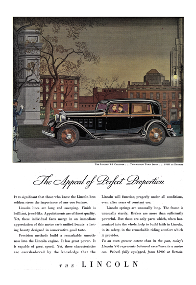 1932 Lincoln KA Ad "The Appeal of Perfect Proportion"