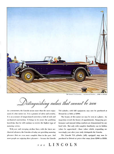 1932 Lincoln KA Ad "Distinguishing values that cannot be seen"