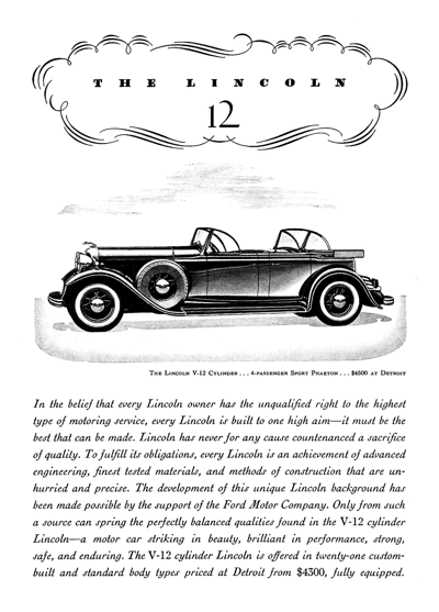 1932 Lincoln KB Ad "The belief that every Lincoln owner has the unqualified right . . ."