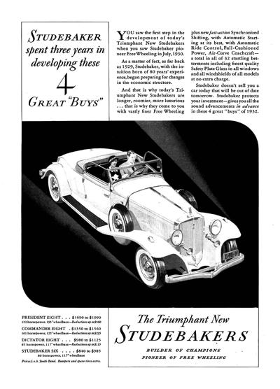 1932 Studebaker Ad "Studebaker spent three years developing these 4 great buys"