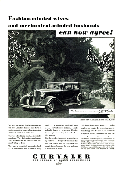 1933 Chrysler Six Brougham ad "Fashion minded wives and....."