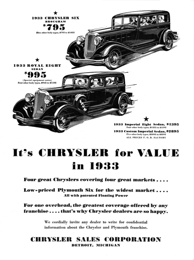 1933 Chrysler Six and Royal Eight ad #2 "It's Chrysler for value in 1933"