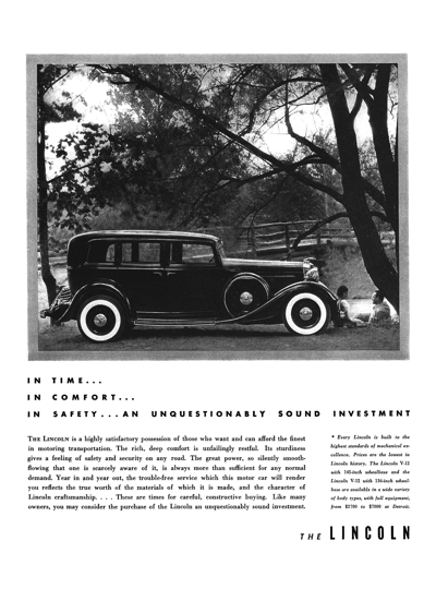 1933 Lincoln Ad "In time - In comfort - In safety . . ."
