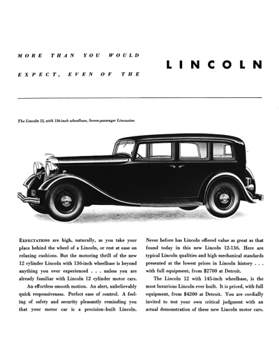 1933 Lincoln KA Ad "More then you would expect even of - the Lincoln"