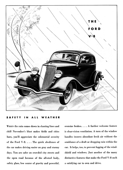 1934 Ford V8 Tudor Sedan Ad "Safety in all weather"