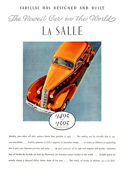 1934 LaSalle sedan Ad "Cadillac has designed and built..."